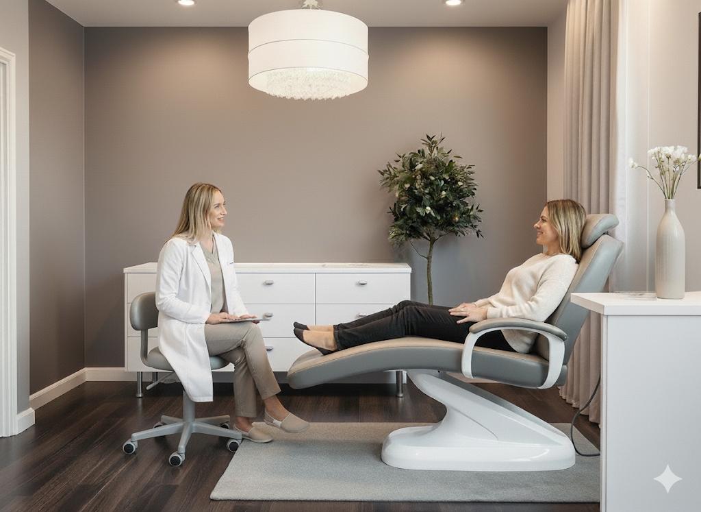 A calm and modern spa treatment room, representing aesthetics and beauty treatments.